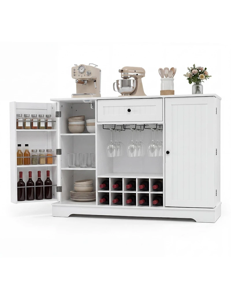 Gymax Sideboard Cabinet with Door Shelves 10-Bottle Wine Rack Glass Holder Drawer