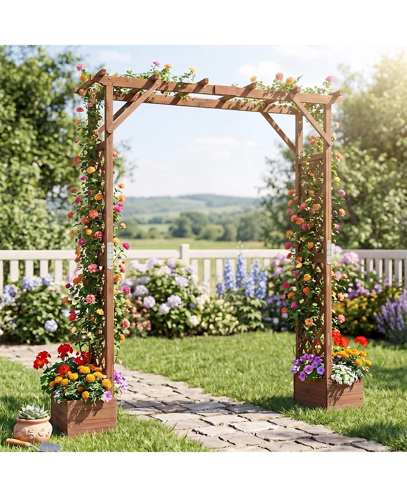 Gymax 87 Inch Tall Wooden Garden Arbor with Planter Boxes and Hanging Roof for Plants