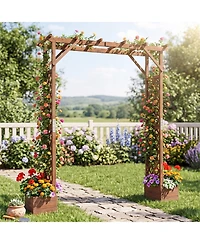 Gymax 87 Inch Tall Wooden Garden Arbor with Planter Boxes and Hanging Roof for Plants