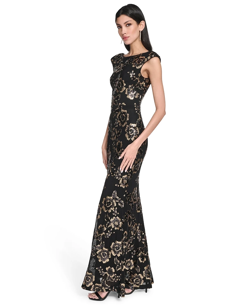 Eliza J Women's Floral-Print Sequined Boat Neck Gown