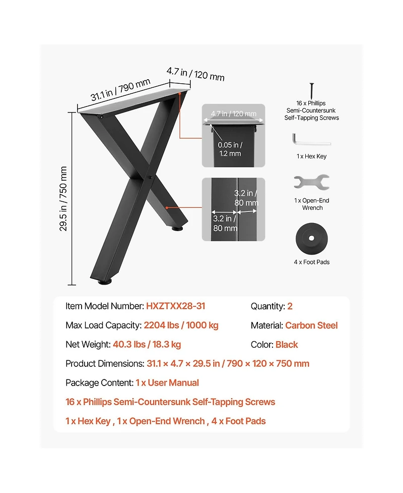 Sugift 29.5 Inch X-Frame Steel Table Legs 31.1 Inch Wide 2204 Lbs Load Capacity Set of 2