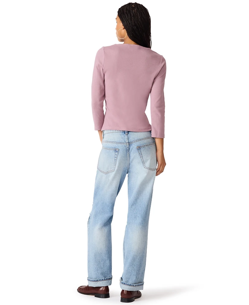 Steve Madden Women's Rib Knit Lace Trim 3/4 Sleeve Square Neck Top