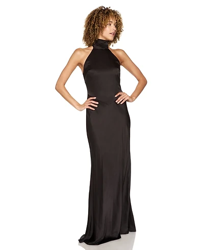 B Darlin Juniors' Halter-Neck Satin Back-Neck Tie Gown