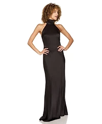 B Darlin Juniors' Halter-Neck Satin Back-Neck Tie Gown
