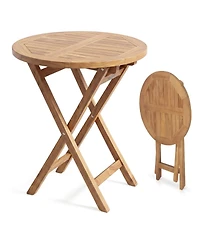 Mecale 24 in Round Solid Teak Folding Bistro Table with Footrest