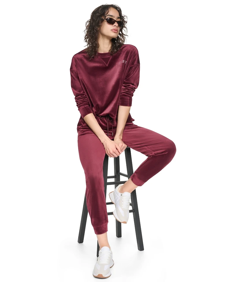Dkny Sport Women's Velour Relaxed-Fit High-Low Crewneck Pullover Top with Varsity Rhinestone Logo