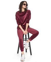 Dkny Sport Women's Velour Relaxed-Fit High-Low Crewneck Pullover Top with Varsity Rhinestone Logo