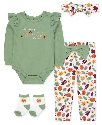 Baby Essentials Girls' 0-5T Thankful Long-Sleeve Ribbed Thanksgiving 4-Piece Set