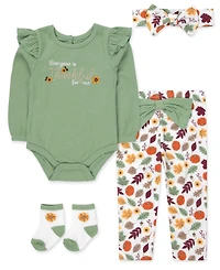 Baby Essentials Girls' 0-5T Thankful Long-Sleeve Ribbed Thanksgiving 4-Piece Set