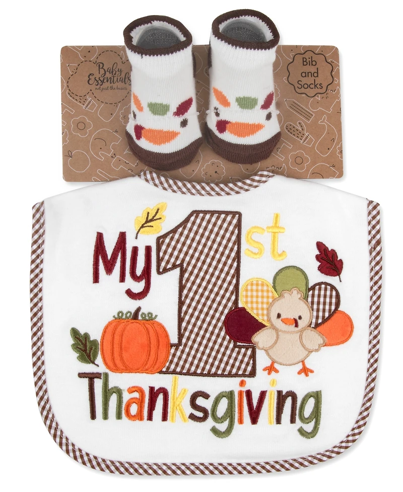 Baby Essentials Baby Boys' and Baby Girls' My 1st Thanksgiving Gingham Check Bib and Socks, 2-Piece Set