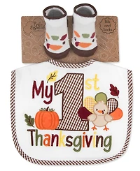 Baby Essentials Baby Boys' and Baby Girls' My 1st Thanksgiving Gingham Check Bib and Socks, 2-Piece Set