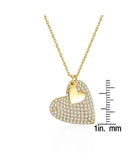 Sterling Silver 14k Yellow Gold Plated with Cubic Zirconia Pave Double Dangle Heart Charm Pendant Layering Necklace