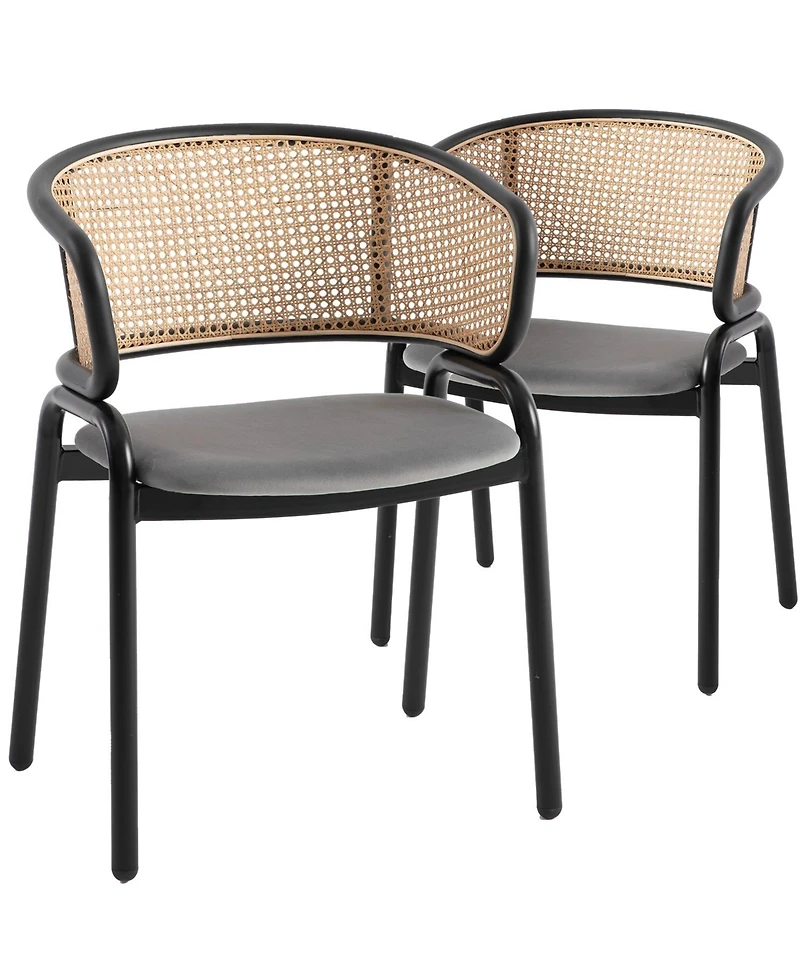 LeisureMod Ervilla 2-pcs Velvet Dining Chair with Rattan Backrest - Modern Kitchen Accent Armchair with Floor Protectors