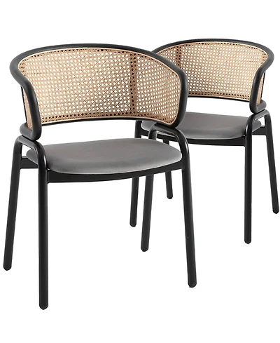 LeisureMod Ervilla 2-pcs Velvet Dining Chair with Rattan Backrest - Modern Kitchen Accent Armchair with Floor Protectors