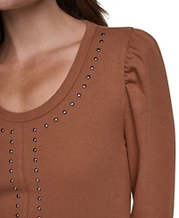 Dkny Jeans Women's Scoop Neck Long-Puff Sleeve Rhinestud Cotton-Blend Top