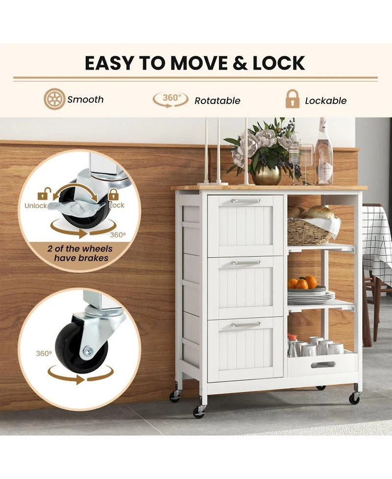 Sugift Rolling Kitchen Island Utility Storage Cart with 3 Large Drawers and Removable Tray