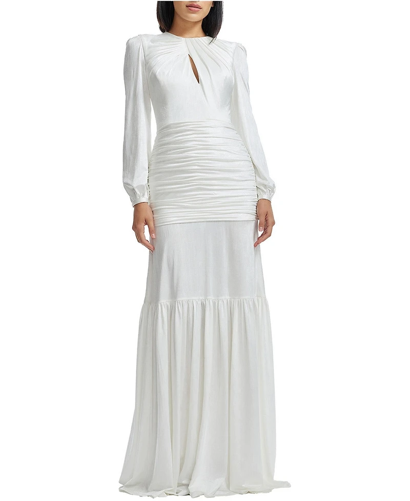 Dress The Population Women's Lucille Long Sleeve Keyhole Neck Ruched Tiered Gown
