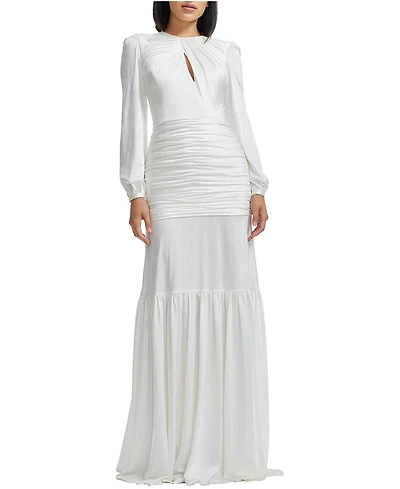 Dress The Population Women's Lucille Long Sleeve Keyhole Neck Ruched Tiered Gown