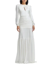 Dress The Population Women's Lucille Long Sleeve Keyhole Neck Ruched Tiered Gown