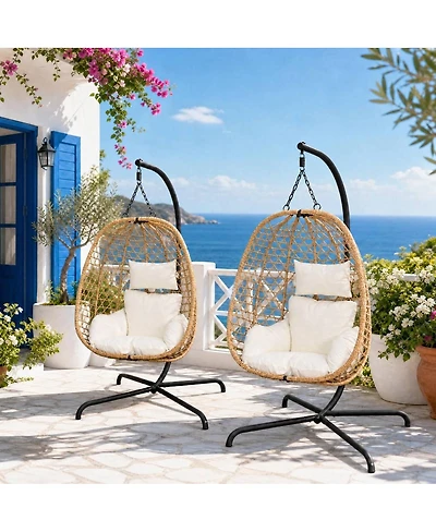Asagikoiai Set of 2 Outdoor Hanging Egg Chairs with Stand and Cushions, Wicker Patio Swing Hammock