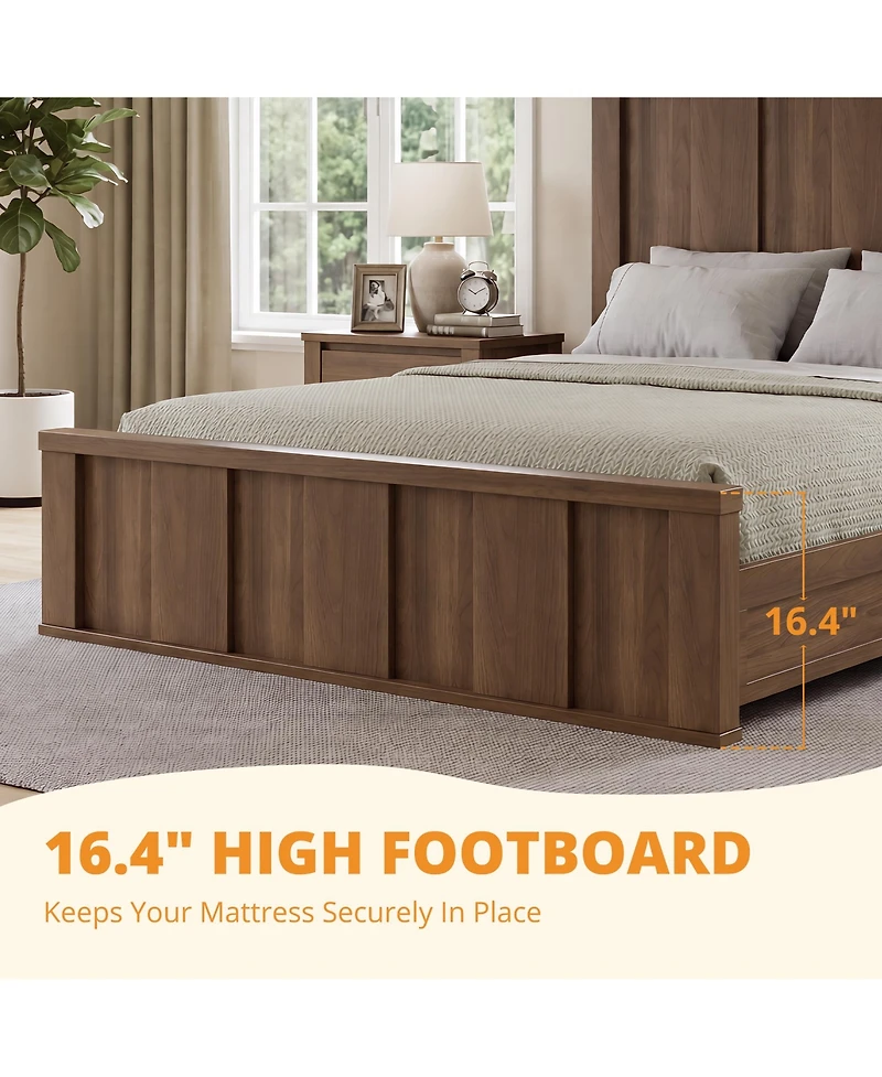 homfan Wooden Platform Bed Frame, Solid Wood Finish with Tall Vertical Panel Headboard & Footboard, No Box Spring Needed, for Bedroom