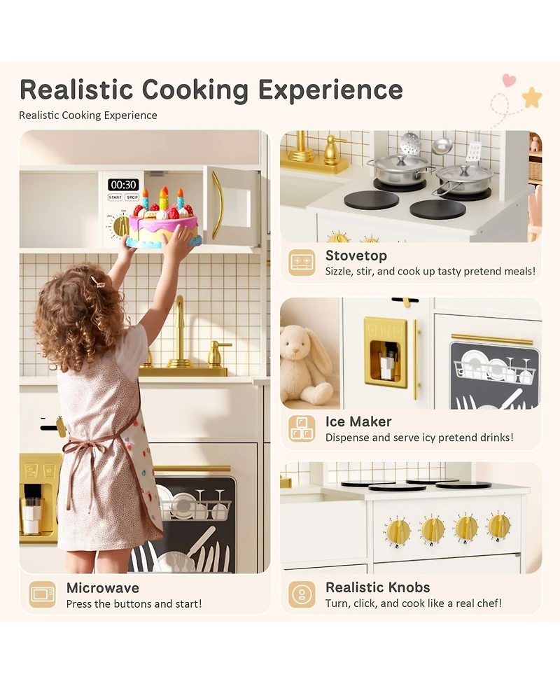 Kinder King Kids Play Kitchen, Wooden Toy Kitchen Playset for Toddler, Pretend Oven, Microwave