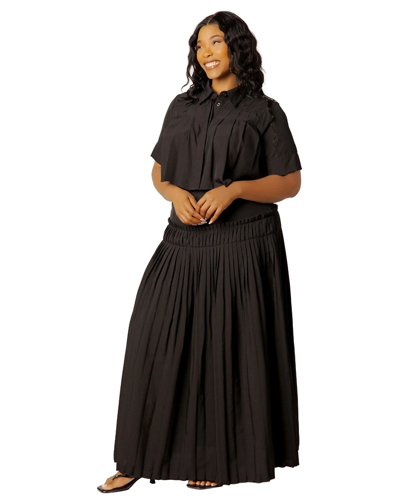 Buxom Couture Plus Pleated Cropped Collared Top and Skirt Set