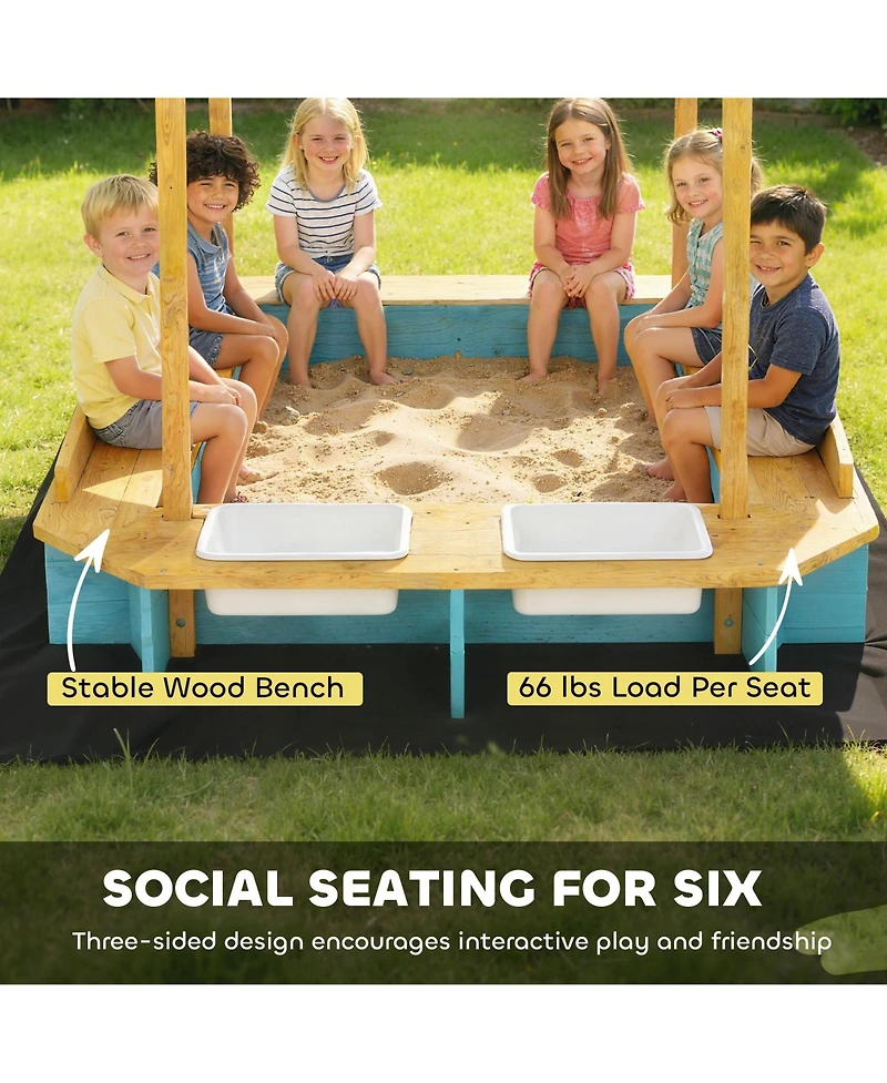 Qaba Wooden Sandbox with Seating for Six & Dinosaur-Print Canopy, Storage, 440 lbs. Capacity, Ages 3-6