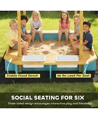 Qaba Wooden Sandbox with Seating for Six & Dinosaur-Print Canopy, Storage, 440 lbs. Capacity, Ages 3-6