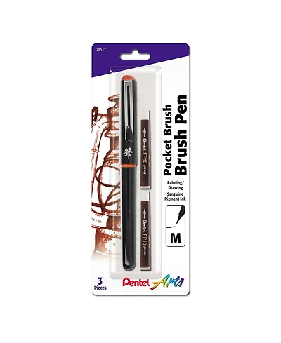 Pentel Arts Pockt Brush Pen, 1 Brush Pen + 2 Refill Cartridges, Sanguine Pigment Ink