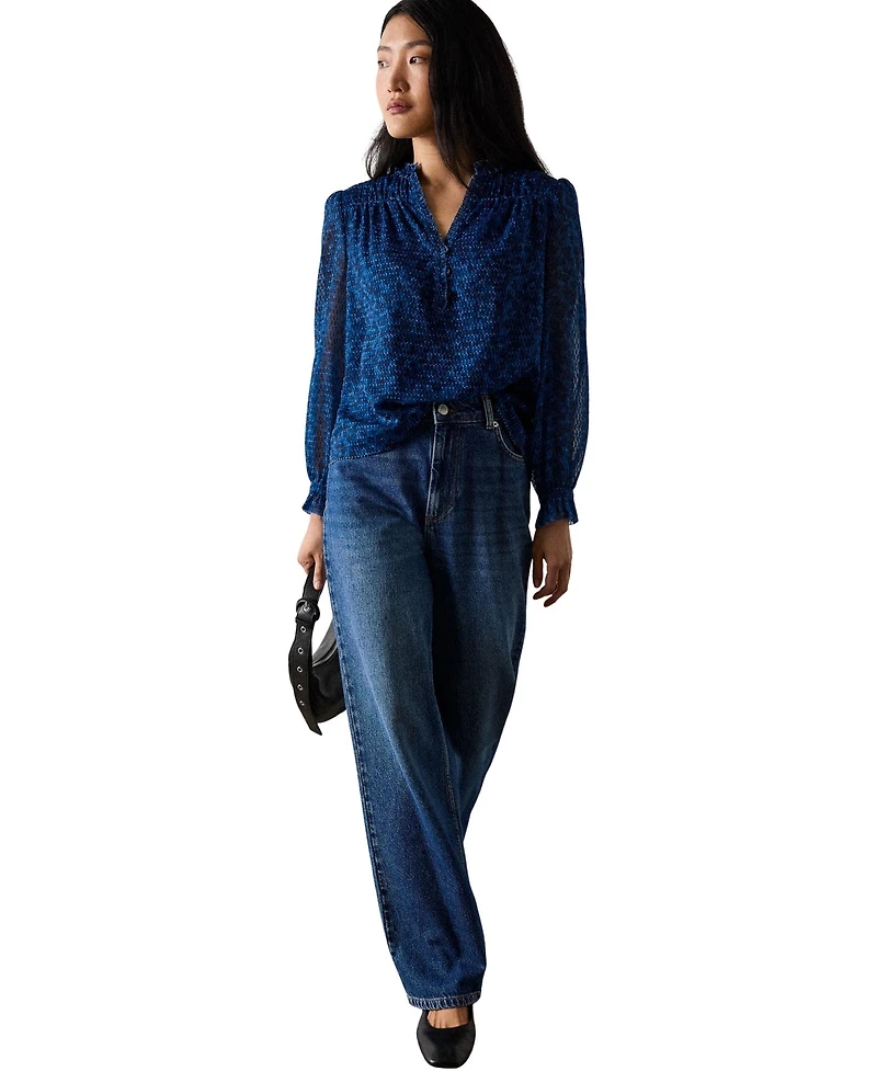 Whistles Women's Ditsy Long-Sleeve Mandarin Collar Blouse