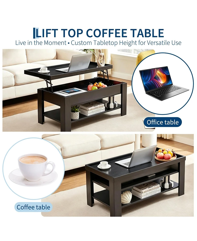 gaomon Coffee Table with Hidden Storage, Modern Wood Center Large Compartment and Shelf, Rising Desktop Dining for Living Room