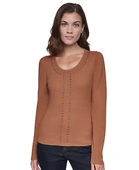 Dkny Jeans Women's Scoop Neck Long-Puff Sleeve Rhinestud Cotton-Blend Top