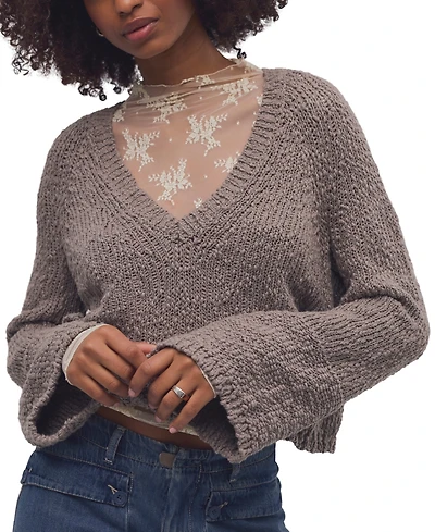 Free People Women's Heartland Cropped Flared-Sleeve V-Neck Pullover