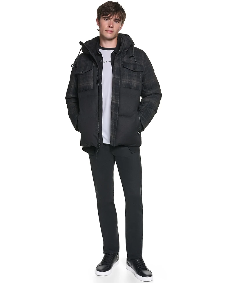 Karl Lagerfeld Paris Men's Mixed Media Hooded Puffer