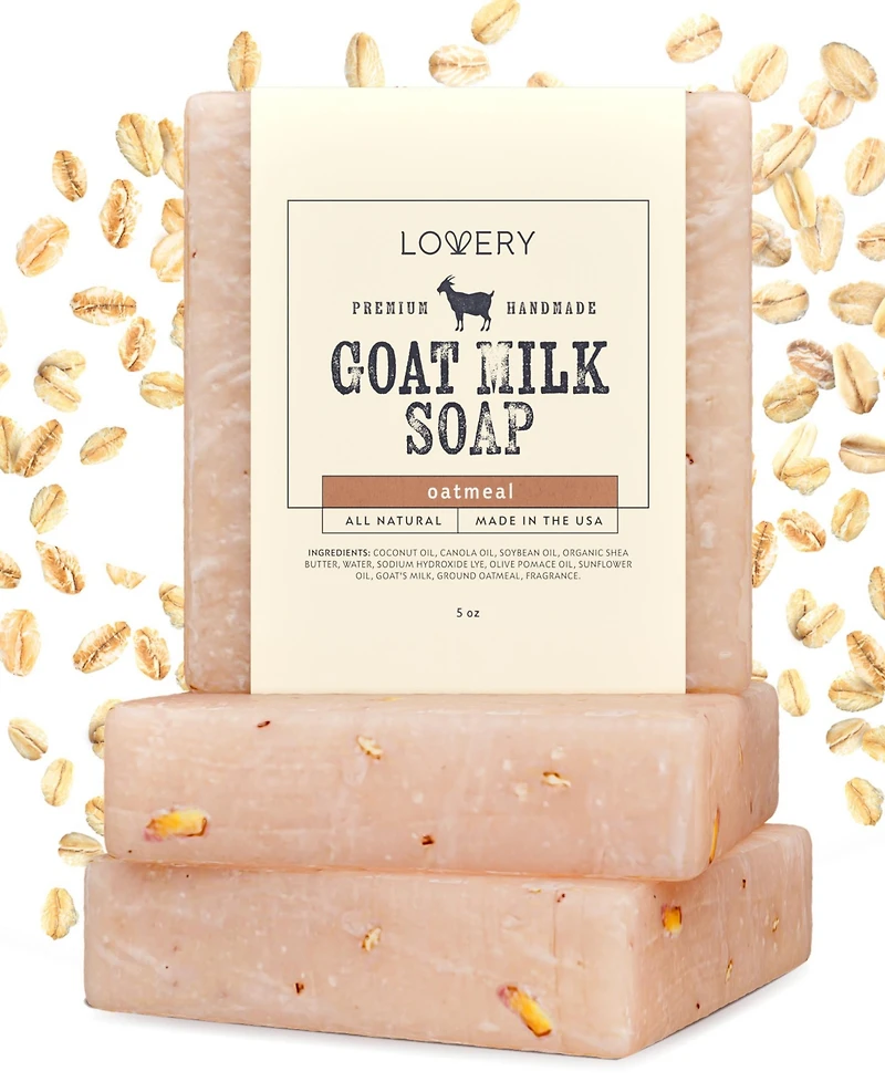 Lovery Handmade Goat Milk Soap Bar with Shea Butter - 3Pack Oatmeal Scent Made in Usa