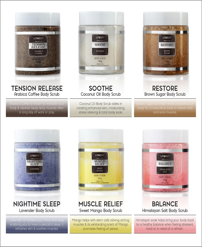 Lovery Body Scrub, Exfoliating Body, Face, Hand, Foot Scrubs, 6 Scented Scrubs with Essential Oils, Body Care Gifts