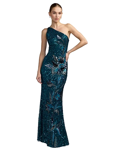 Mac Duggal Petite One-Shoulder Floral Sequin Evening Gown