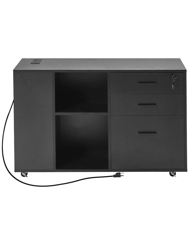 Slickblue 3 Drawer Mobile File Cabinet with Power Strip and Shelves