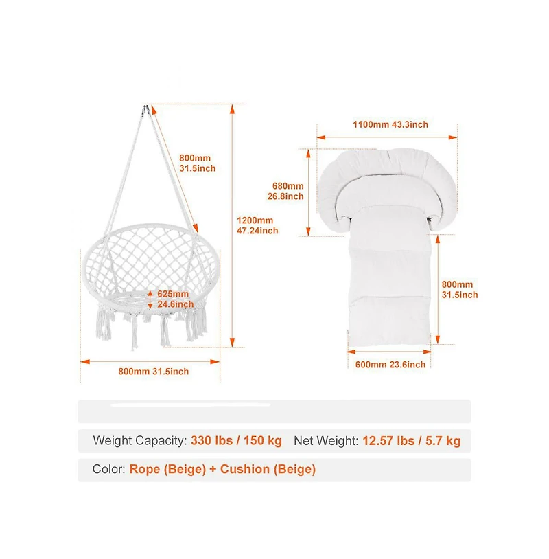 Slickblue Cotton Rope Hanging Hammock Chair for Patio Balcony Bedroom