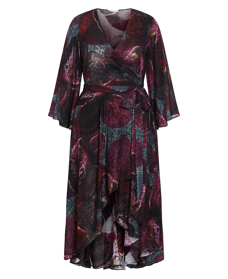 City Chic Women's Plus Evangeline V-Neck Bell-Sleeve Floral-Print Wrap Maxi Dress