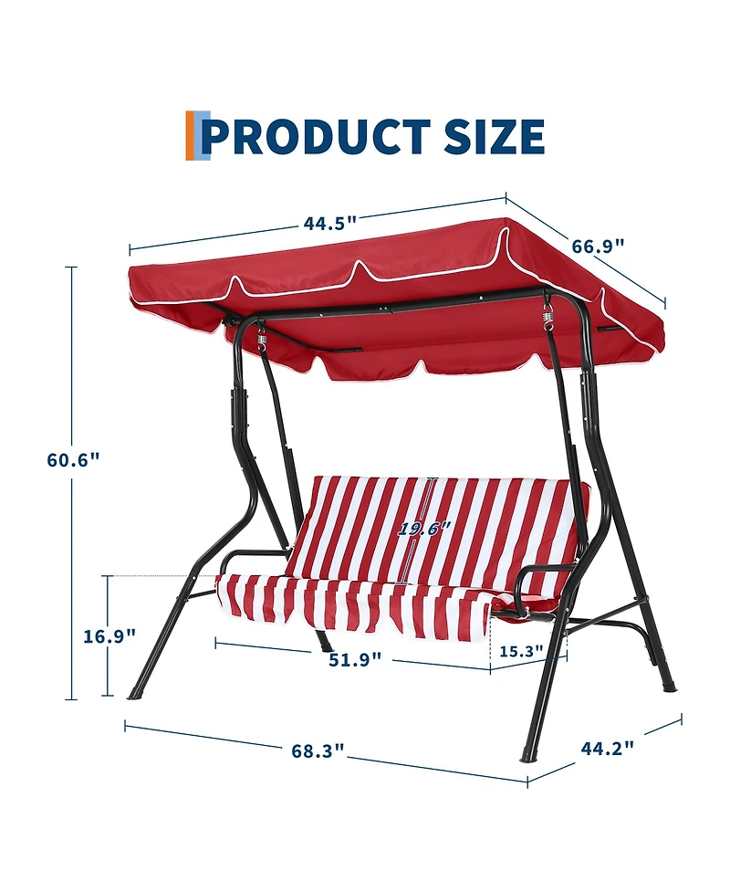 gaomon 3-Seat Outdoor Porch Swing with Adjustable Canopy, Patio Glider Bench with Cushions and Steel Frame for Backyard, Garden and Deck