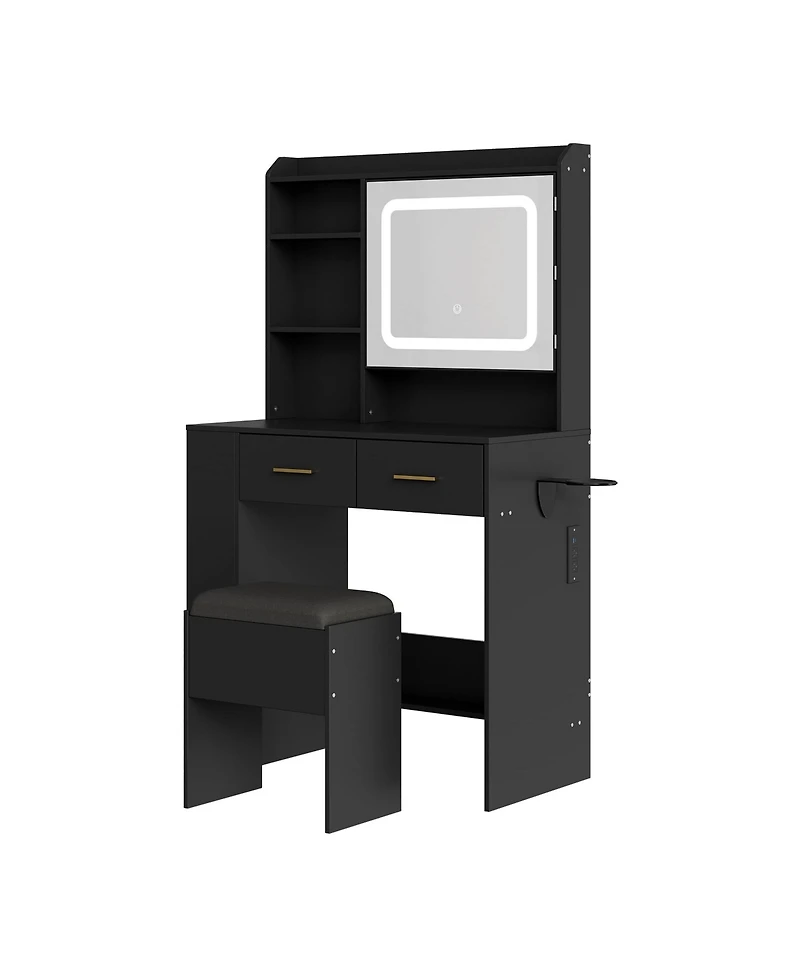 Makeup Vanity Desk with Led Lighted Mirror, Charging Station, Cushioned Stool, Drawers, Shelves and Hairdryer Rack