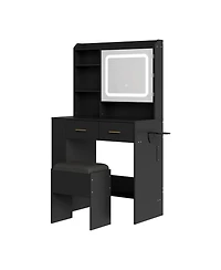 Makeup Vanity Desk with Led Lighted Mirror, Charging Station, Cushioned Stool, Drawers, Shelves and Hairdryer Rack