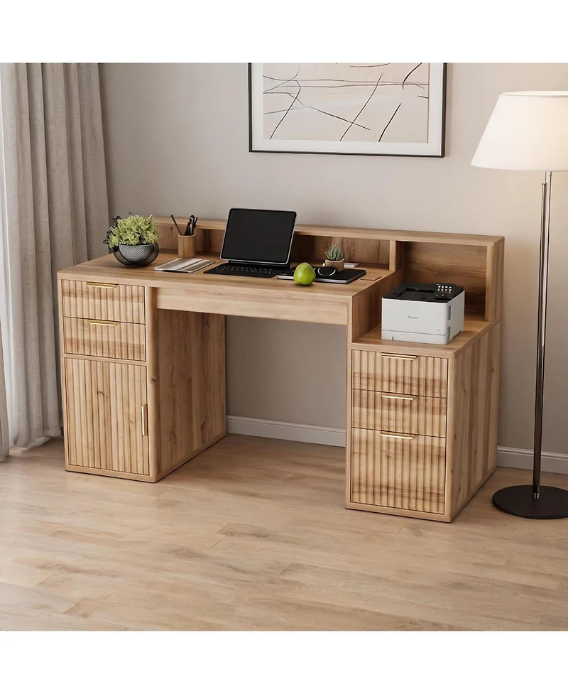 gaomon Rectangular Computer Desk with Hutch, Printer Stand and Ripple Door Storage, Space-Saving Home Office Writing Desk