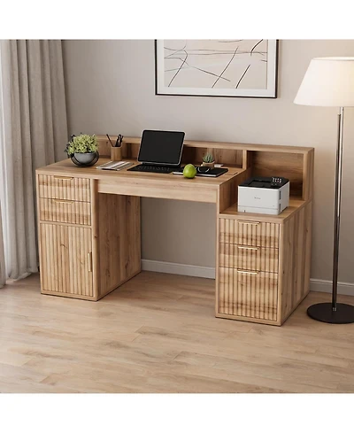 gaomon Rectangular Computer Desk with Hutch, Printer Stand and Ripple Door Storage, Space-Saving Home Office Writing Desk