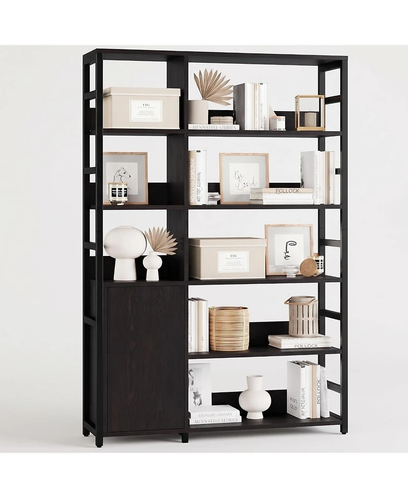 gaomon 71.1-Inch Industrial Bookcase with Door, 8 Open Shelves, Metal Frame, Adjustable Shelf, Protective Rails, for Living Room and Office
