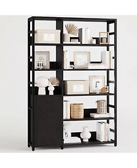 gaomon 71.1-Inch Industrial Bookcase with Door, 8 Open Shelves, Metal Frame, Adjustable Shelf, Protective Rails, for Living Room and Office