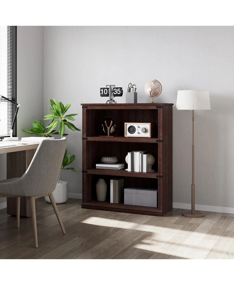 3-Tier Tall Bookcase with Adjustable Shelves, Metal Frame and Closed Back, Retro Farmhouse Bookshelf for Living Room, Bedroom or Home Office