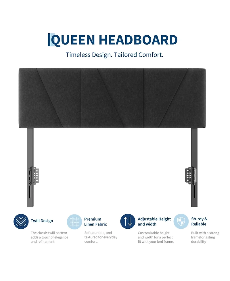 Full/Queen Upholstered Headboard Only, Black Linen Headboard with Adjustable Height, High-Density Padding, Wood Frame and Metal Legs